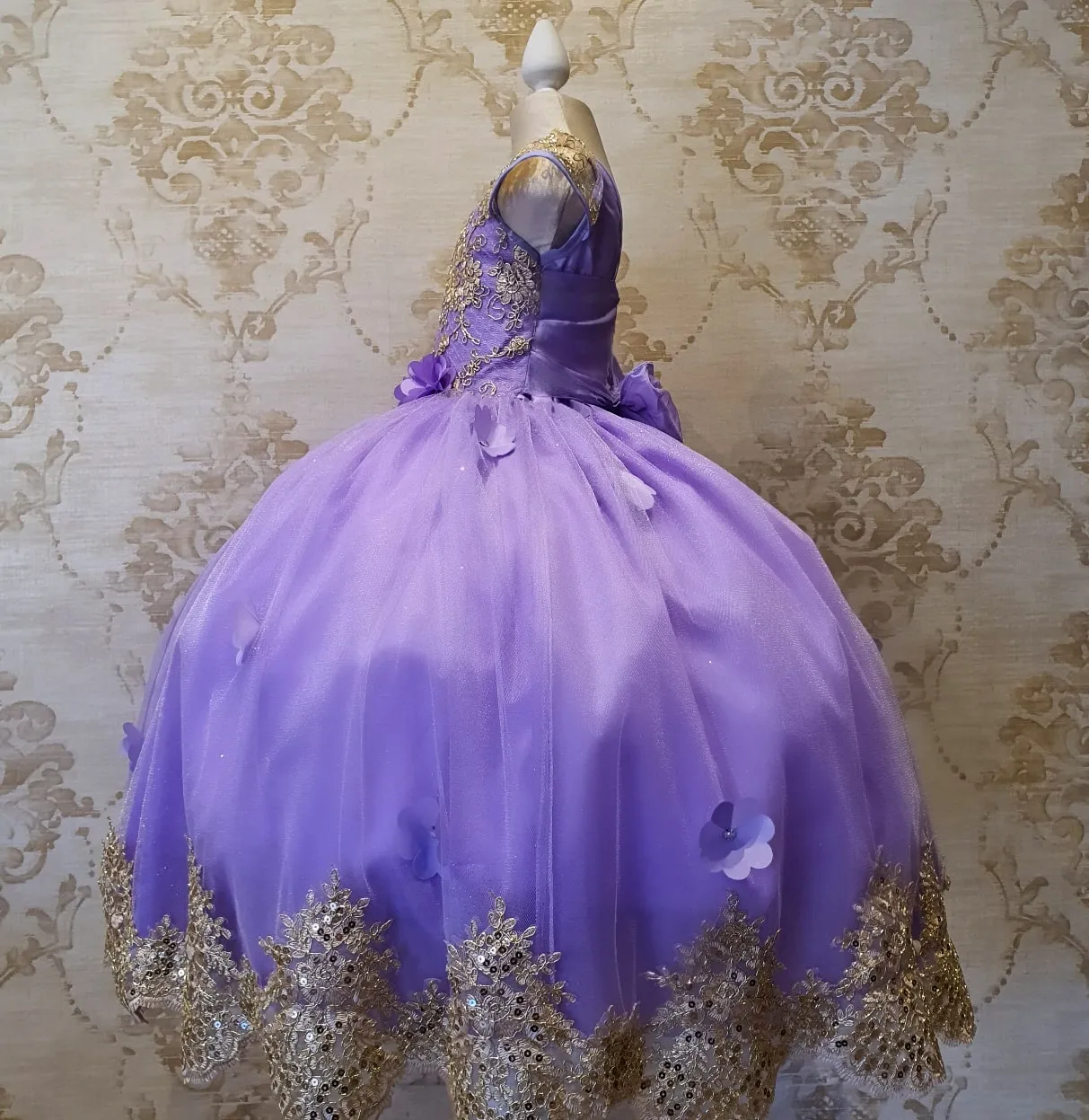 Vestido de Niña Fiesta Lila con Oro Manga Elegante Talla 2 a 12 Años