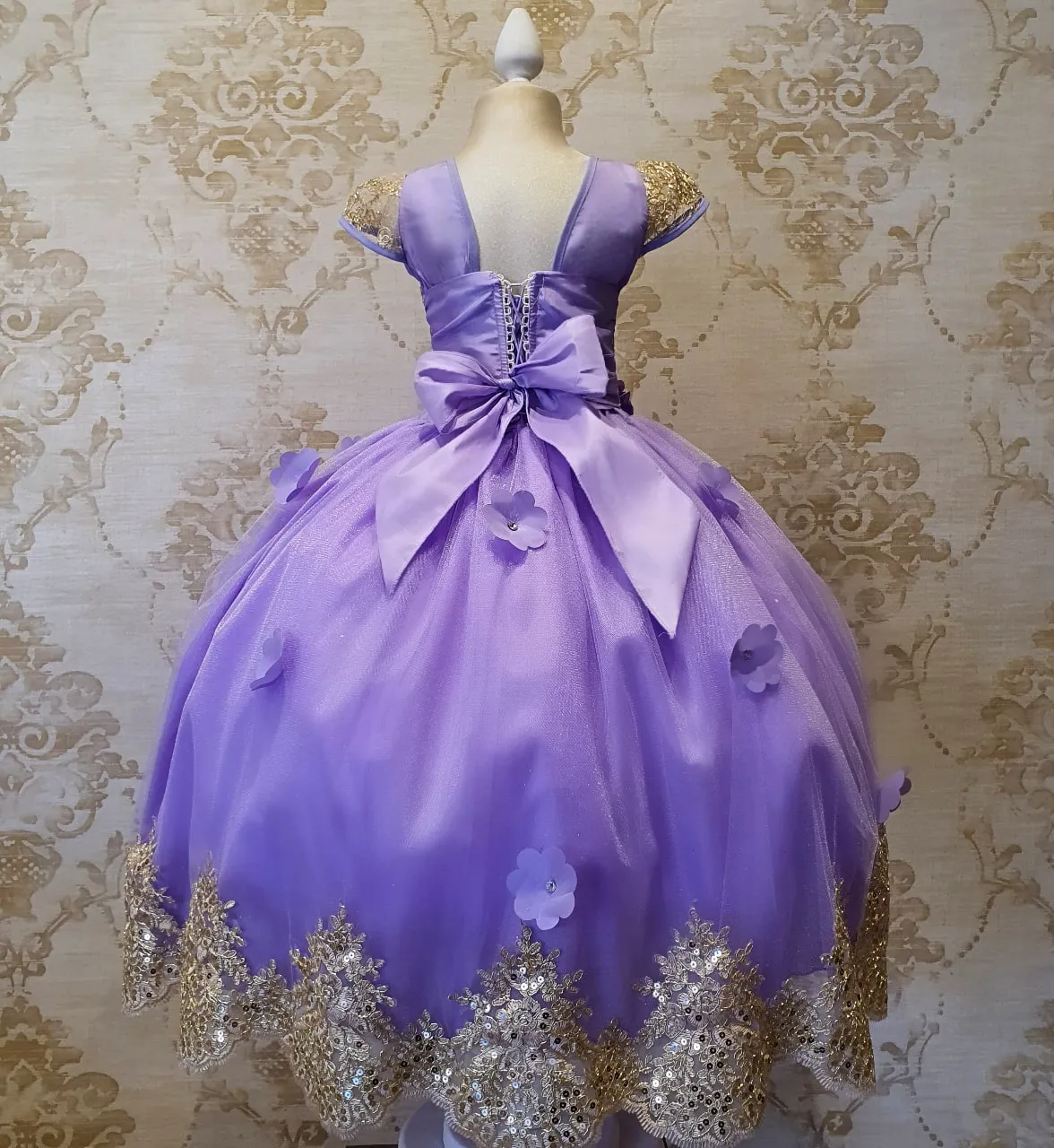 Vestido de Niña Fiesta Lila con Oro Manga Elegante Talla 2 a 12 Años