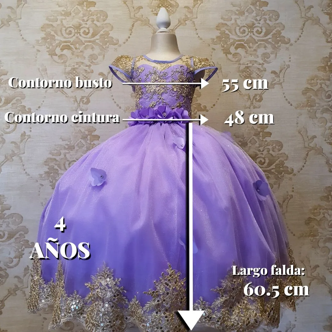Vestido de Niña Fiesta Lila con Oro Manga Elegante Talla 2 a 12 Años