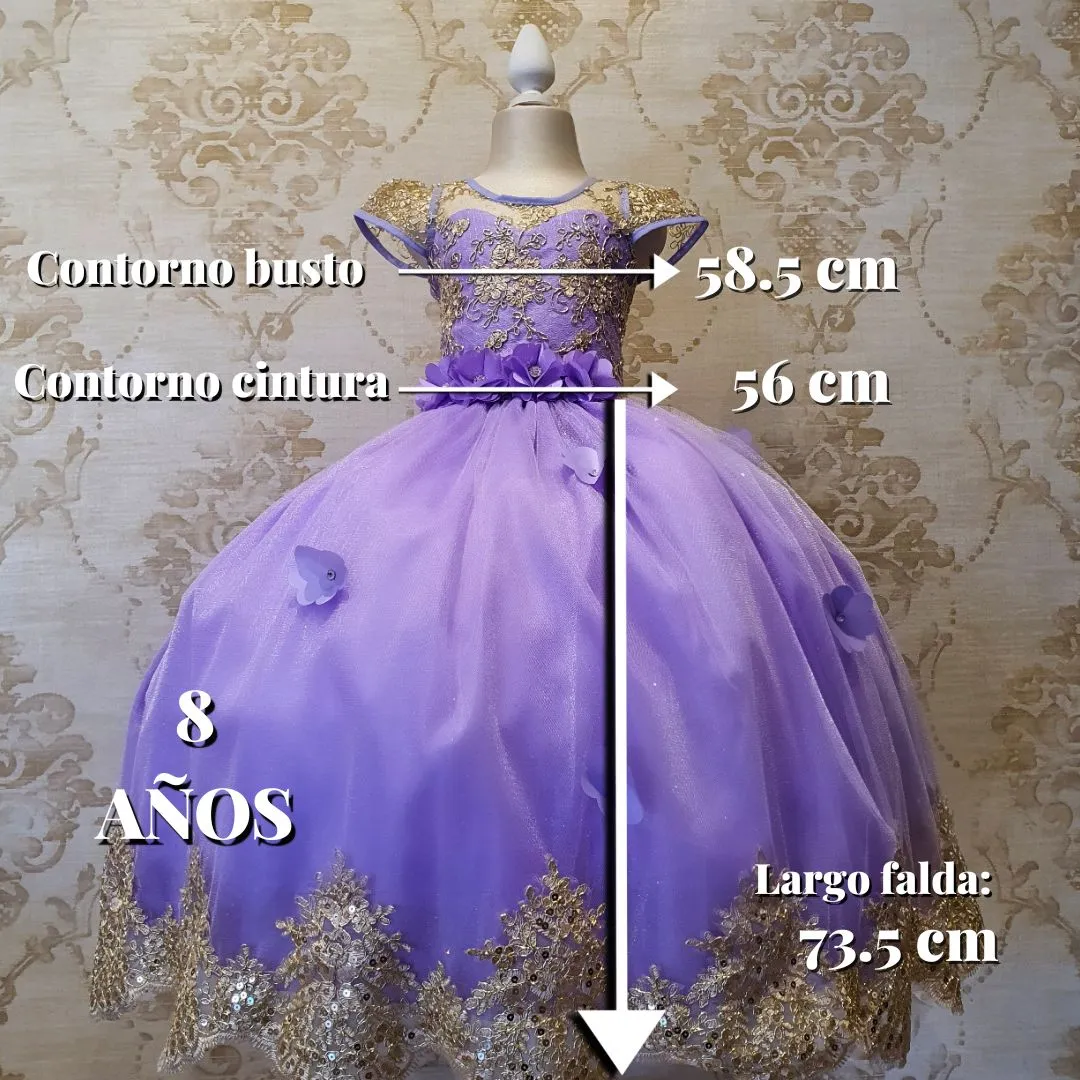 Vestido de Niña Fiesta Lila con Oro Manga Elegante Talla 2 a 12 Años