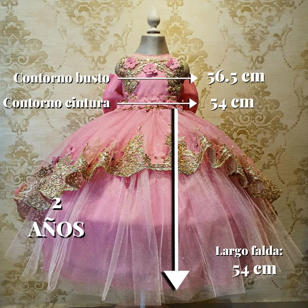 Vestido de Niña Fiesta Rosa Barbie con Encaje Oro y Cauda Desmontable Elegante Talla 2 y 4 Años