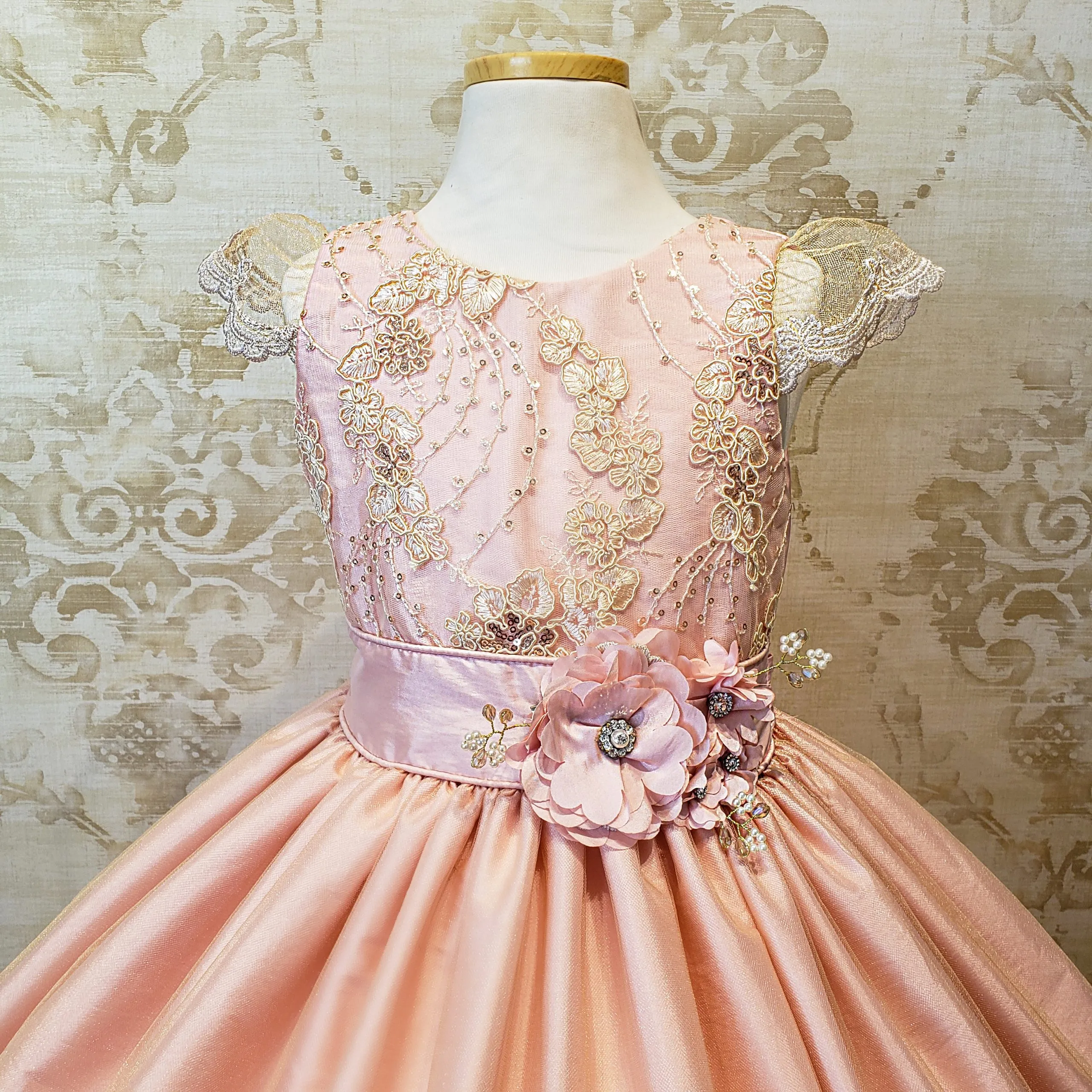 Vestido de Niña Fiesta Rosa Pastel con Encaje Oro Elegante Talla 4 a 8 Años