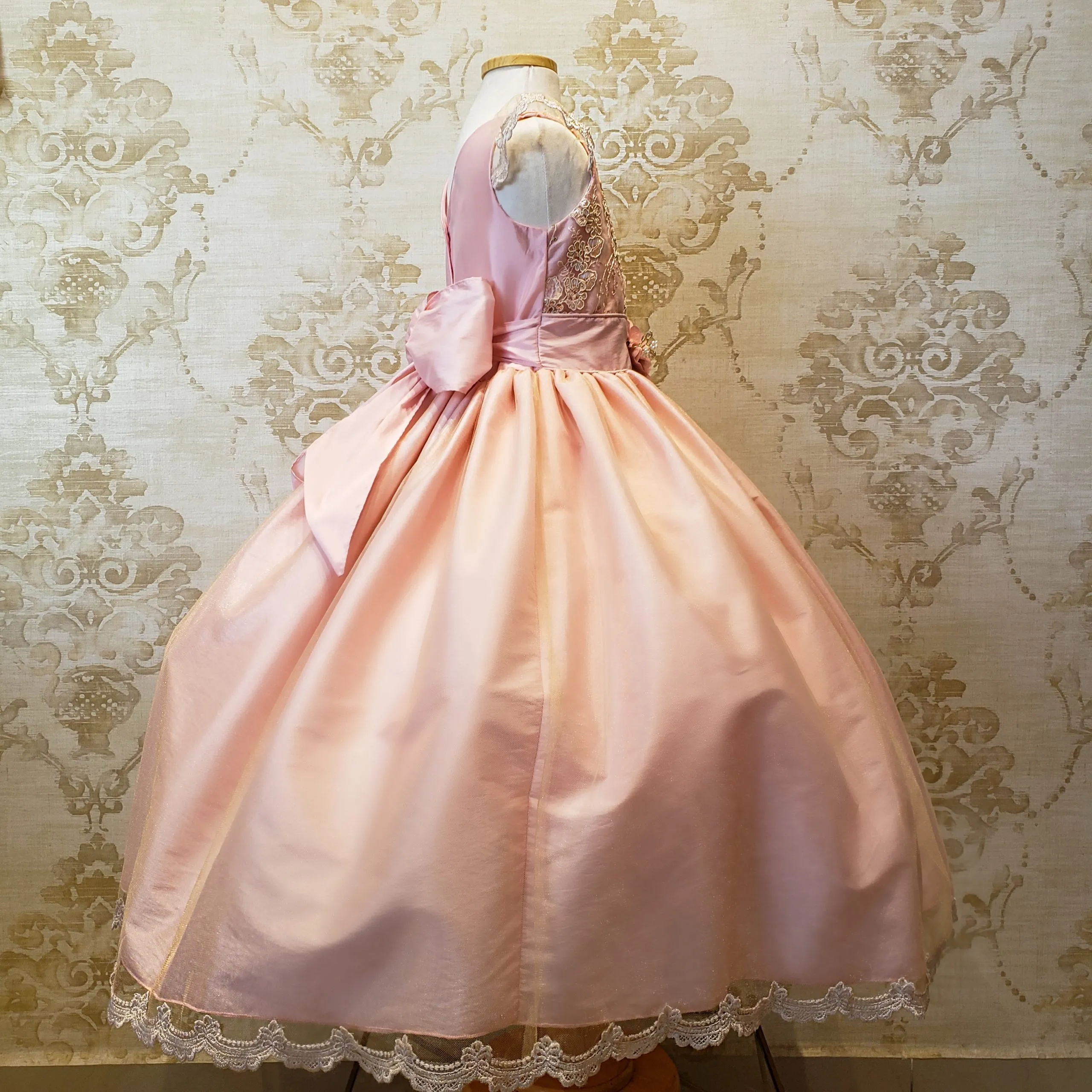 Vestido de Niña Fiesta Rosa Pastel con Encaje Oro Elegante Talla 4 a 8 Años