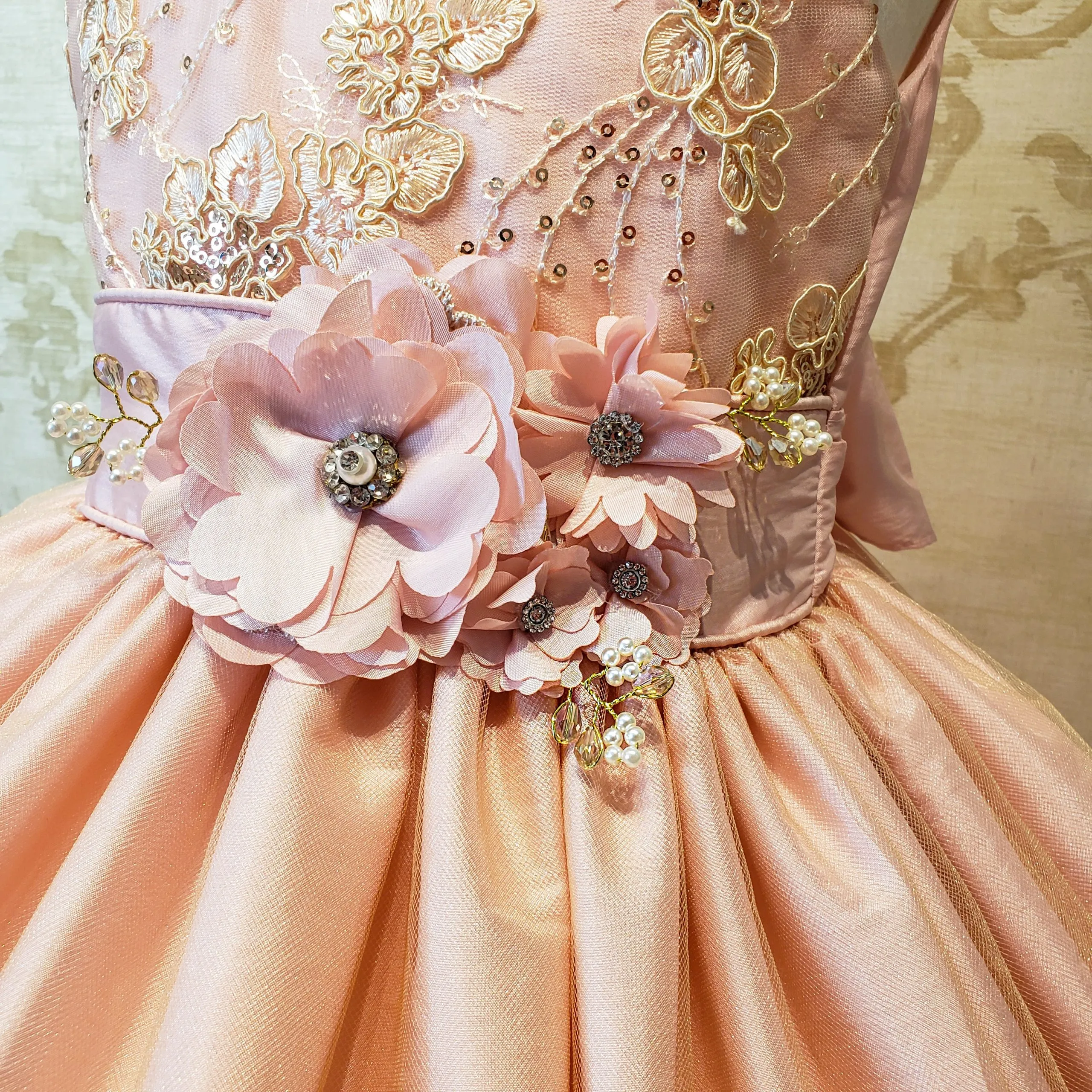 Vestido de Niña Fiesta Rosa Pastel con Encaje Oro Elegante Talla 4 a 8 Años