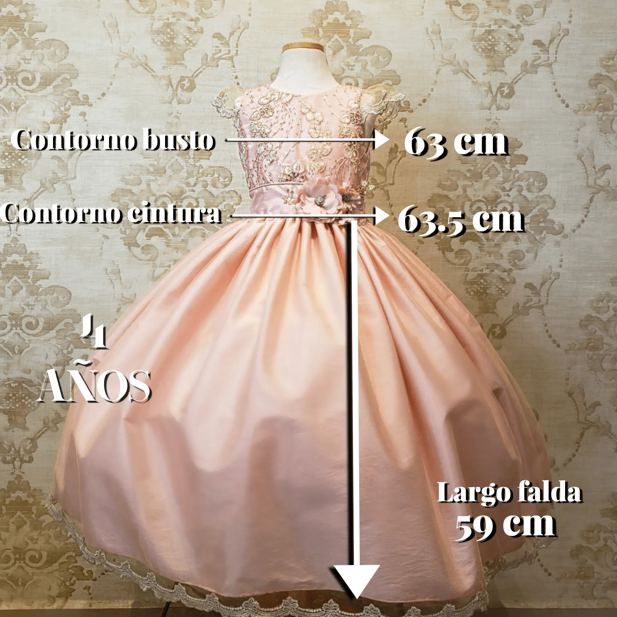 Vestido de Niña Fiesta Rosa Pastel con Encaje Oro Elegante Talla 4 a 8 Años
