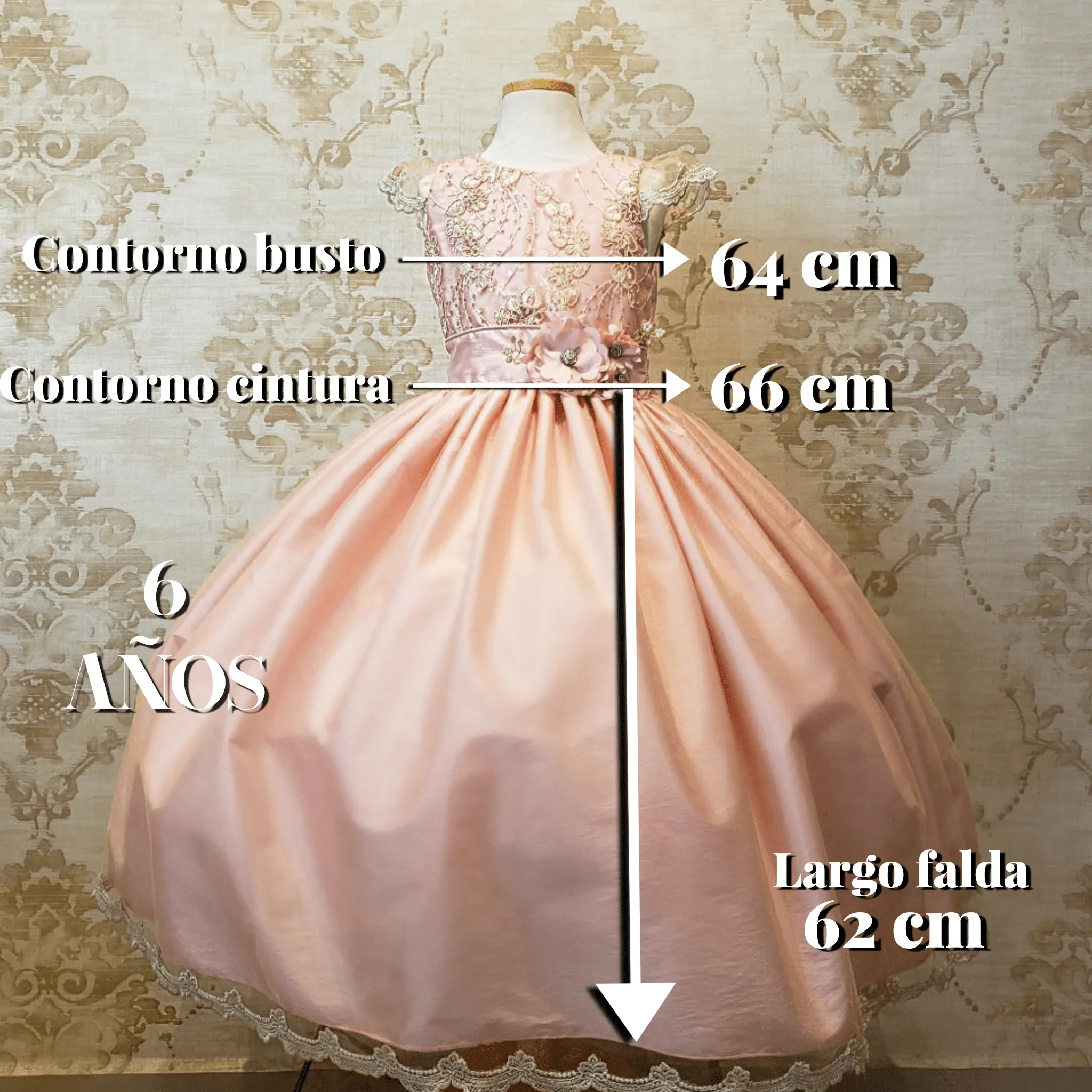 Vestido de Niña Fiesta Rosa Pastel con Encaje Oro Elegante Talla 4 a 8 Años