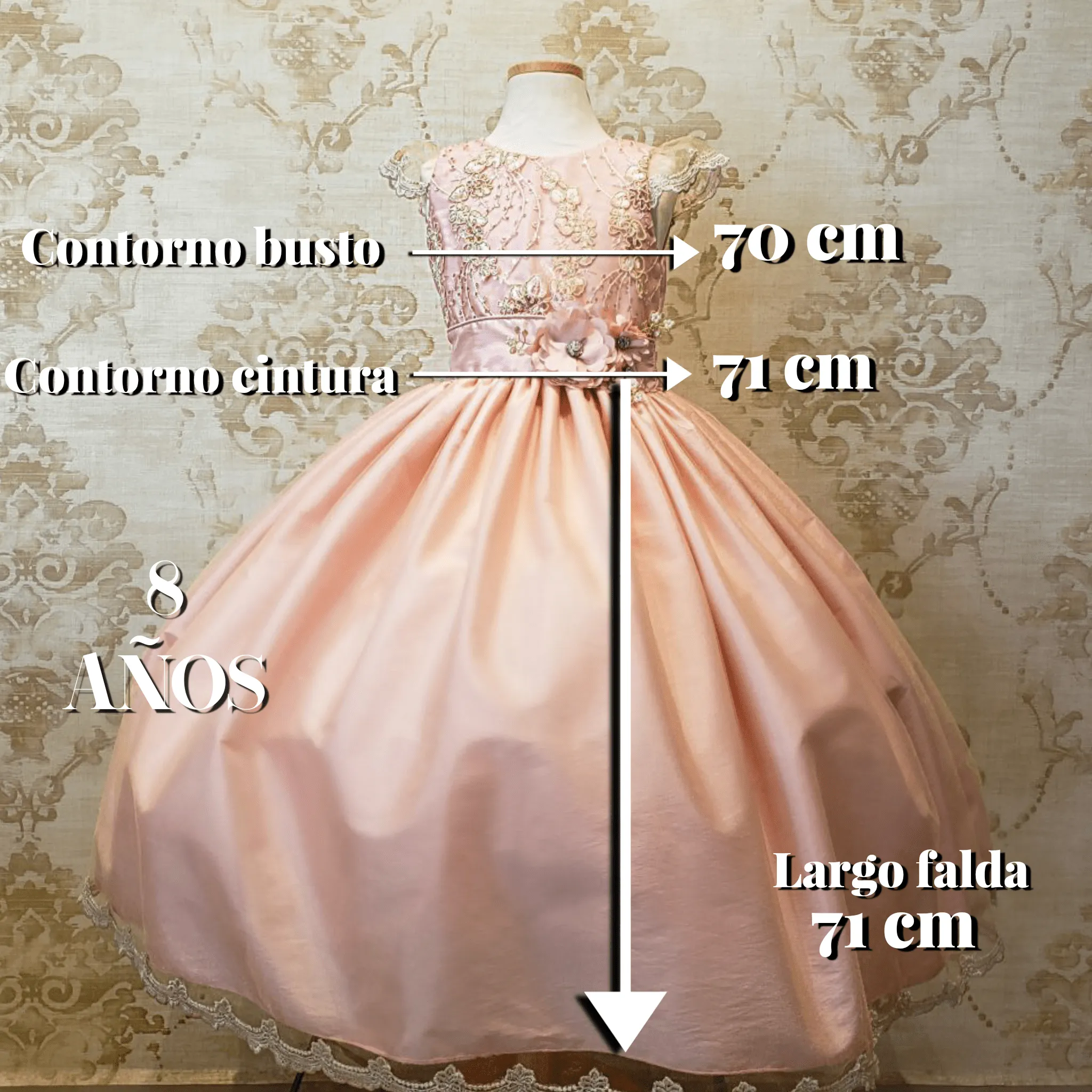 Vestido de Niña Fiesta Rosa Pastel con Encaje Oro Elegante Talla 4 a 8 Años