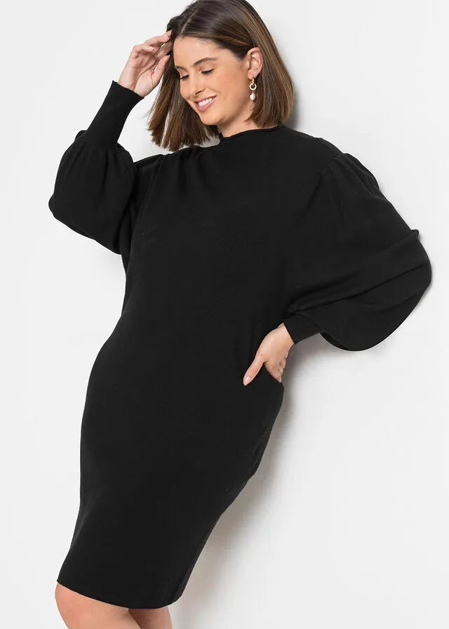 Vestido de punto con mangas de globo Negro