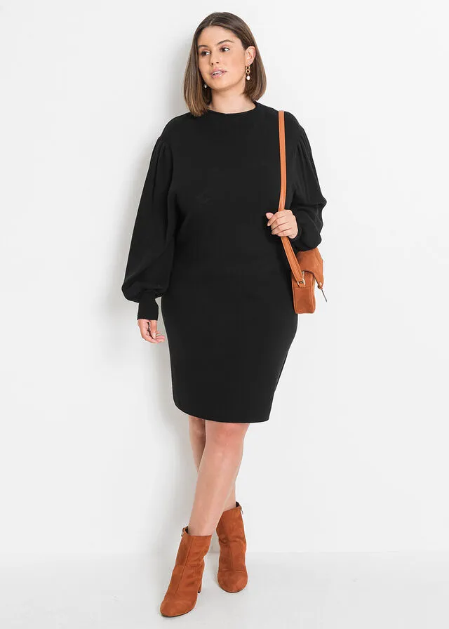 Vestido de punto con mangas de globo Negro