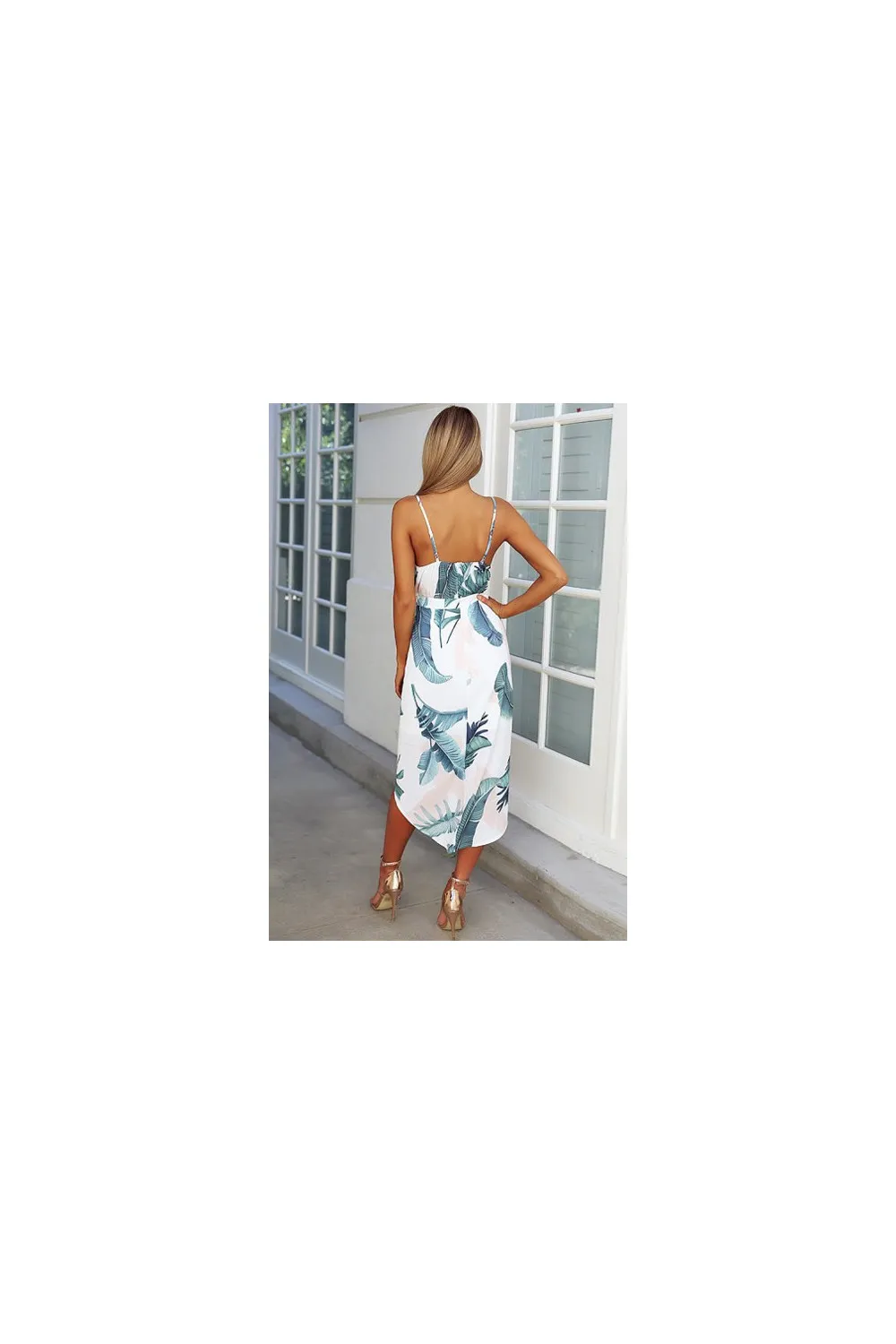 Vestido midi blanco con estampado verde